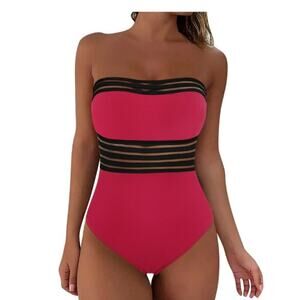 Hilor Brand Women's XXL (16) Red & Black Tummy Control Halter Swimsuit Bandeau